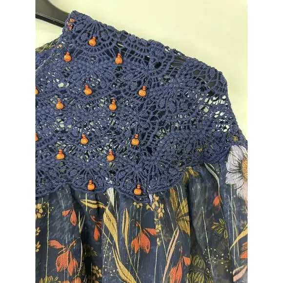 Anthropologie Mynahs Reynu Taandon Cristy Crotchet Beaded Blouse Boho Peasant XS - Picture 6 of 15